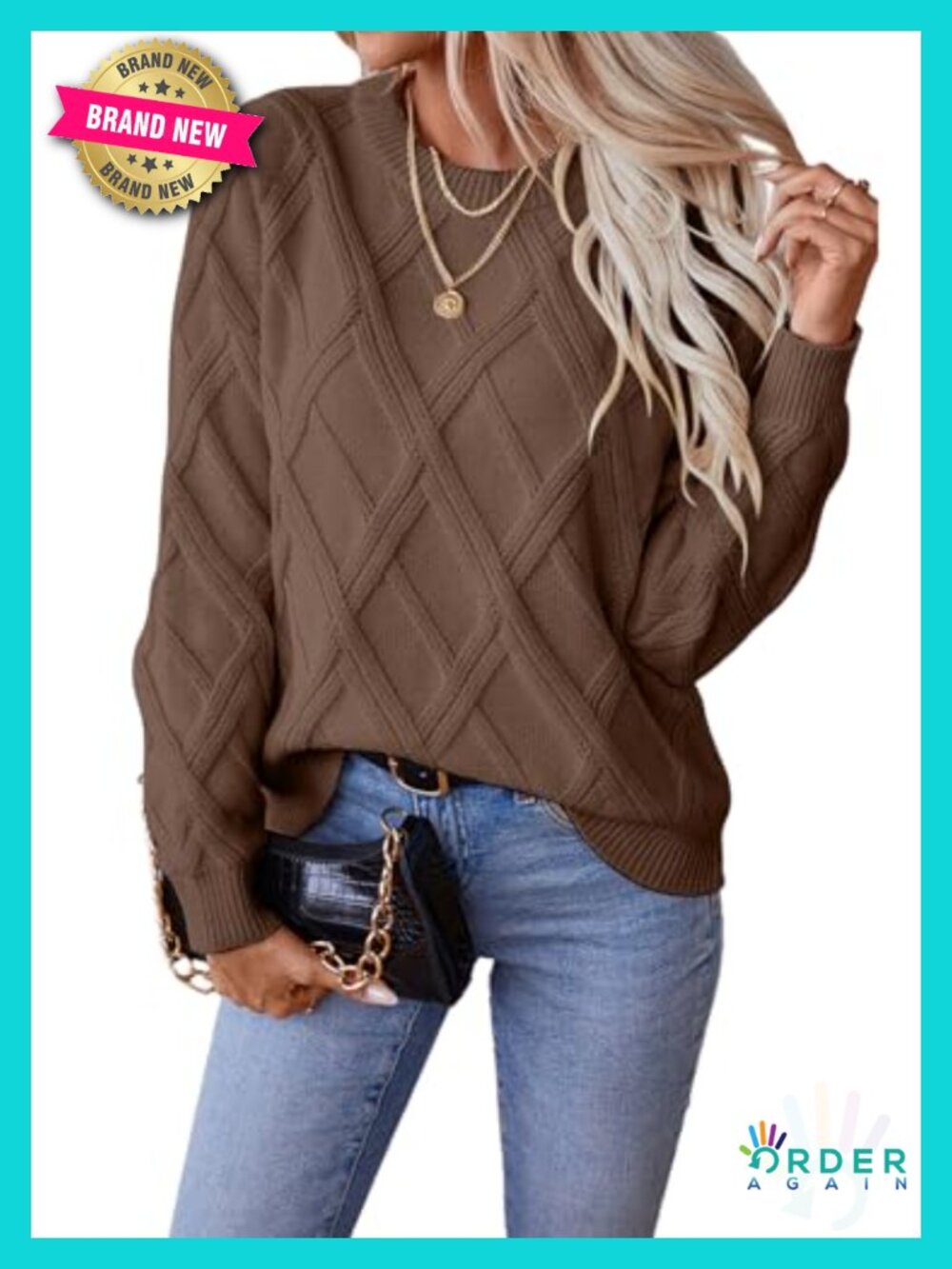 Crew Neck Cable Knit Long Sleeve Pullover Sweater for Fall Winter